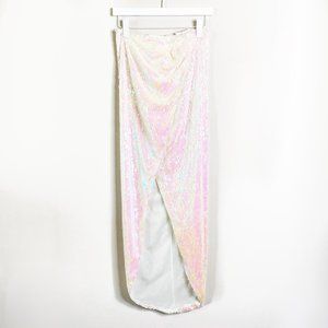 L'Atiste Iridescent Sequin White Wrap Drape Skirt